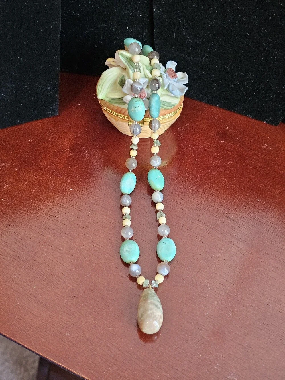 Artisan Natural Turquoise Mixed Gemstone Beaded Drop Necklace